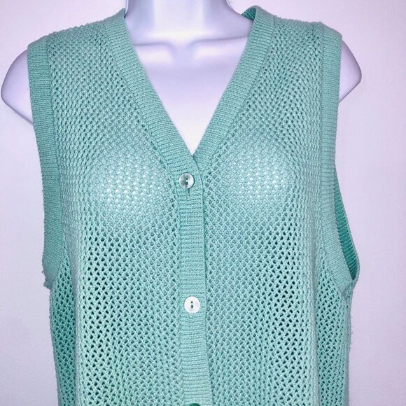 Vintage 80s Womens M Sweater Vest Mint Green Knit Button Down Cardigan Sleeveles - Picture 2 of 6